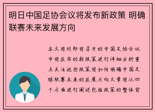 明日中国足协会议将发布新政策 明确联赛未来发展方向