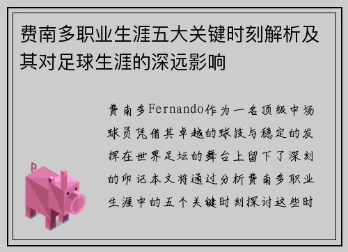 费南多职业生涯五大关键时刻解析及其对足球生涯的深远影响